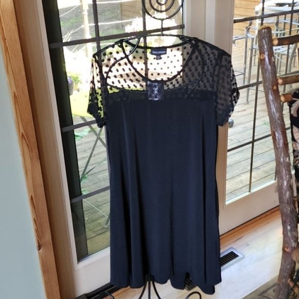 Nina Leonard Black Polka Dot Mesh Yoke A-Line Dress L8653A Womens Medium NWT